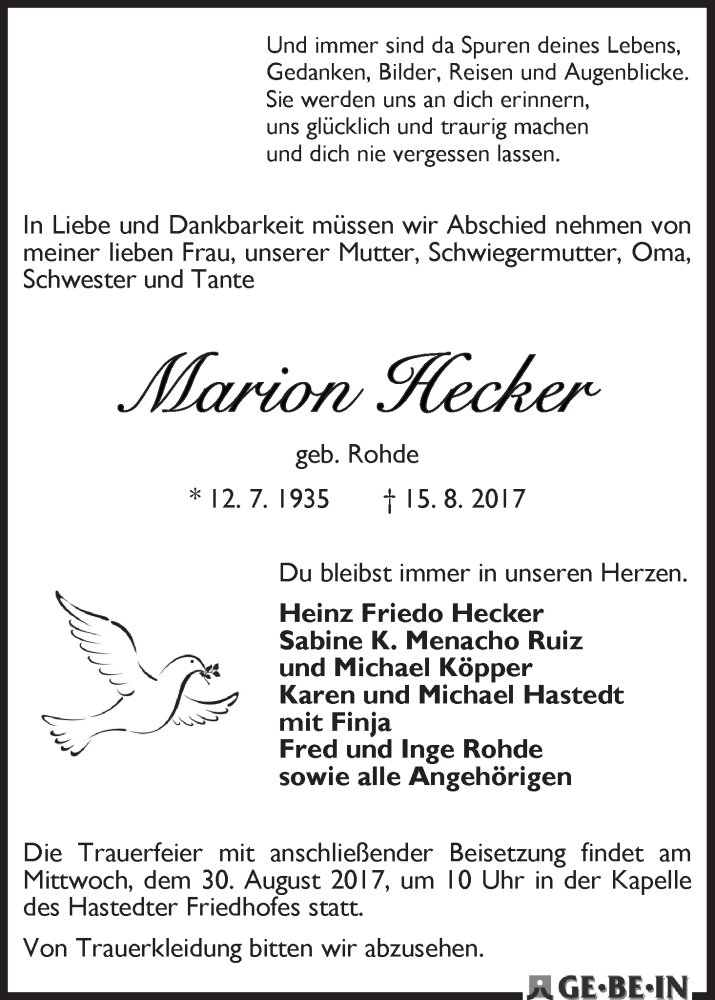 Traueranzeige von Marion Hecker von WESER-KURIER