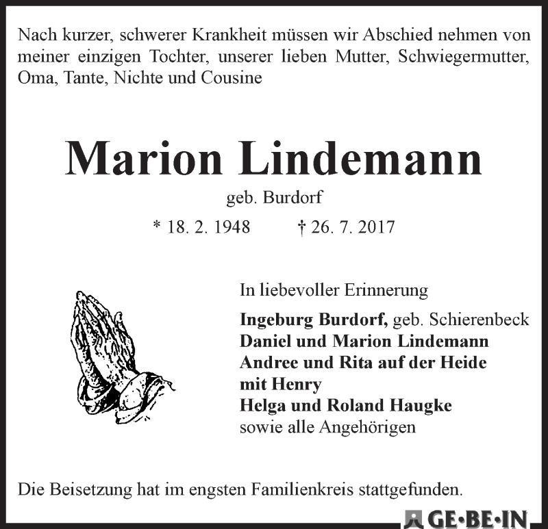 Traueranzeige von Marion Lindemann von WESER-KURIER