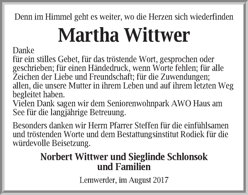 Traueranzeige von Martha Wittwer von Die Norddeutsche