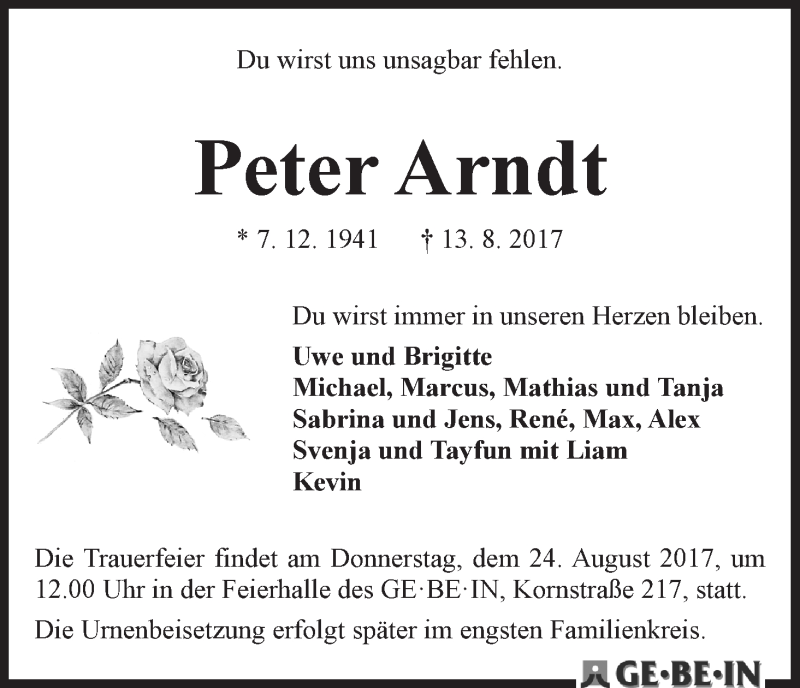 Traueranzeige von Peter Arndt von WESER-KURIER