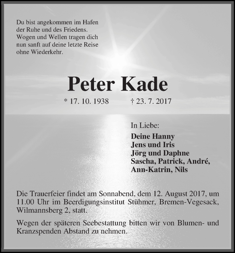 Traueranzeige von Peter Kade von Die Norddeutsche