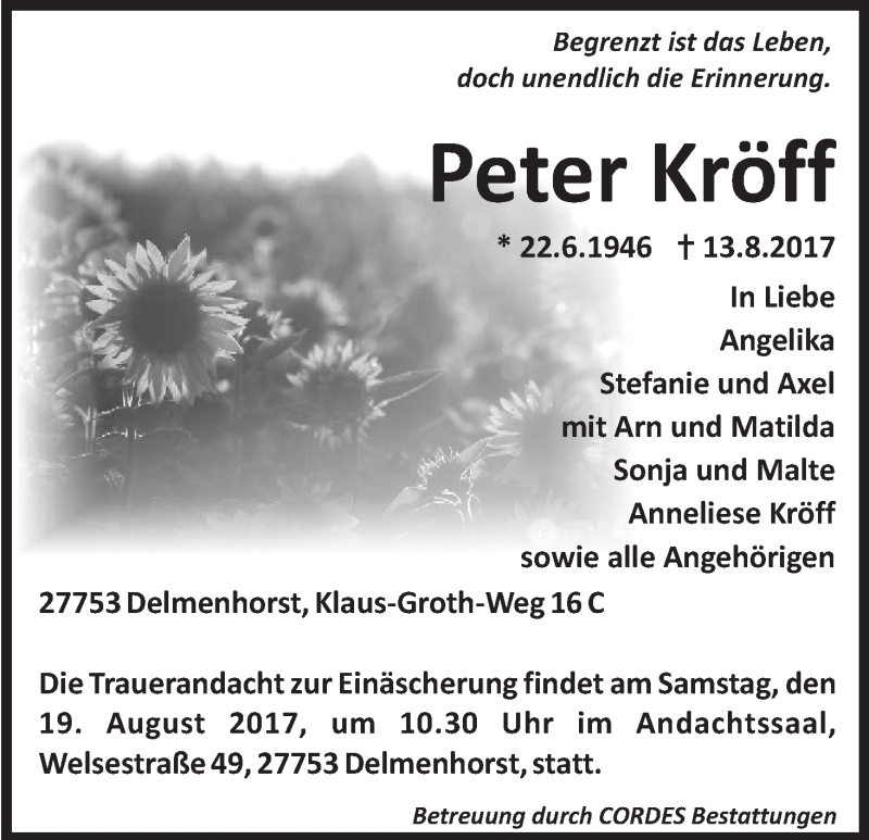 Traueranzeige von Peter Kröff von WESER-KURIER