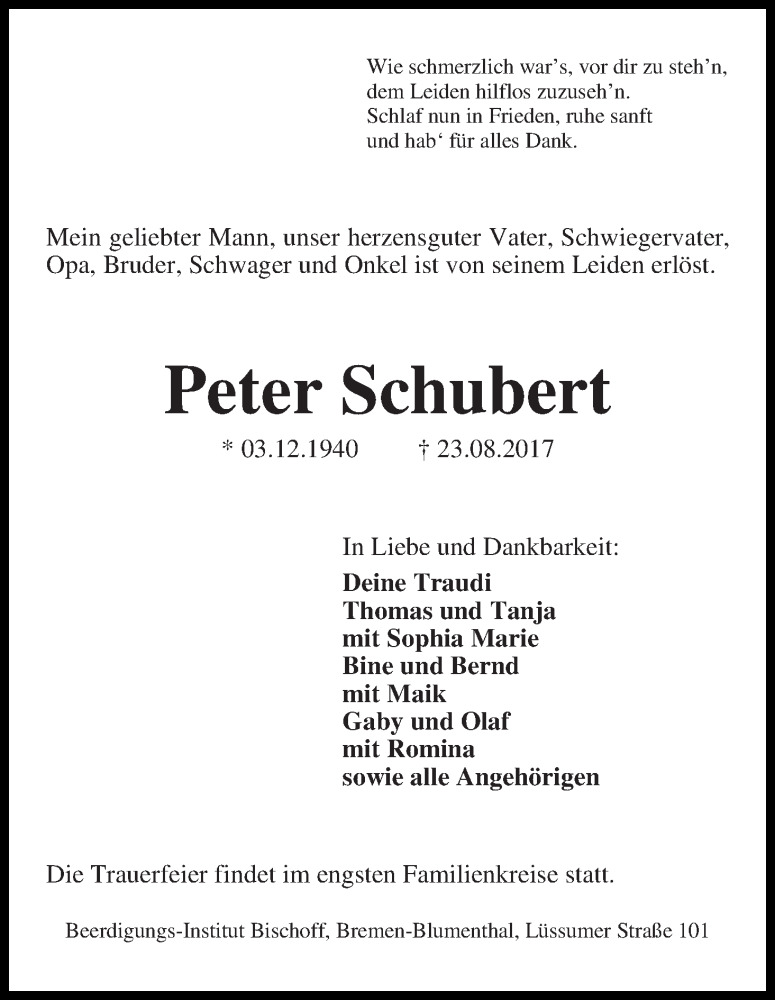 Traueranzeige von Peter Schubert von Die Norddeutsche