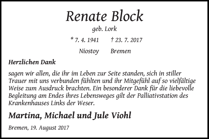 Traueranzeige von Renate Block von WESER-KURIER