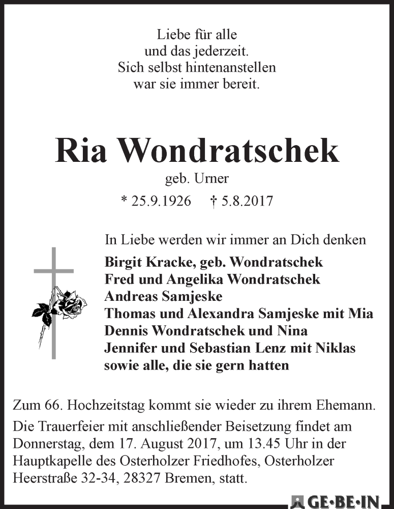Traueranzeige von Ria Wondratschek von WESER-KURIER