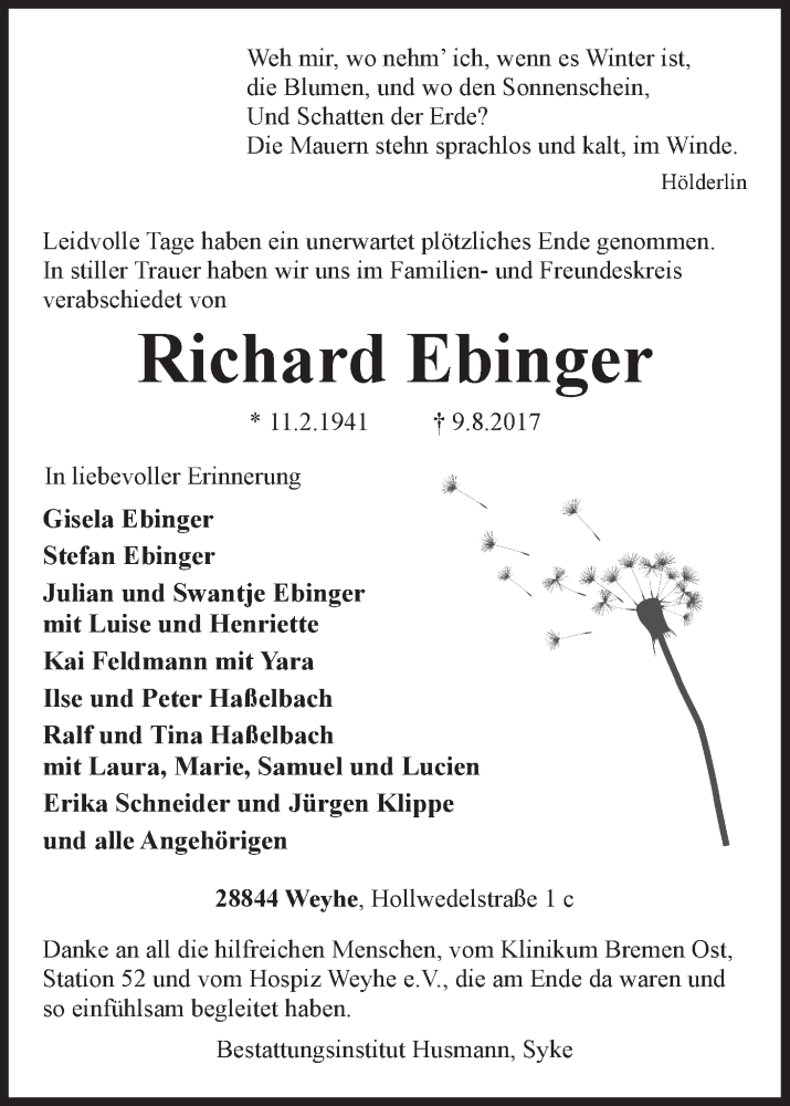 Traueranzeige von Richard Ebinger von WESER-KURIER