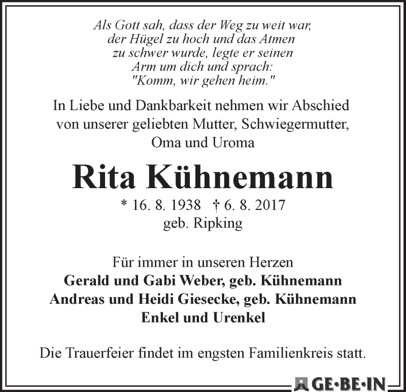 Traueranzeige von Rita Kühnemann von WESER-KURIER