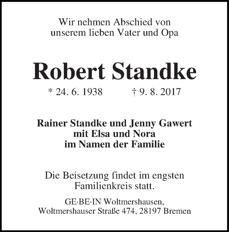 Traueranzeige von Robert Standke von WESER-KURIER