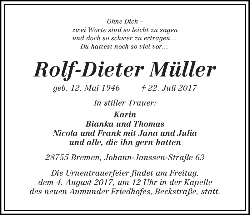Traueranzeige von Rolf-Dieter Müller von WESER-KURIER