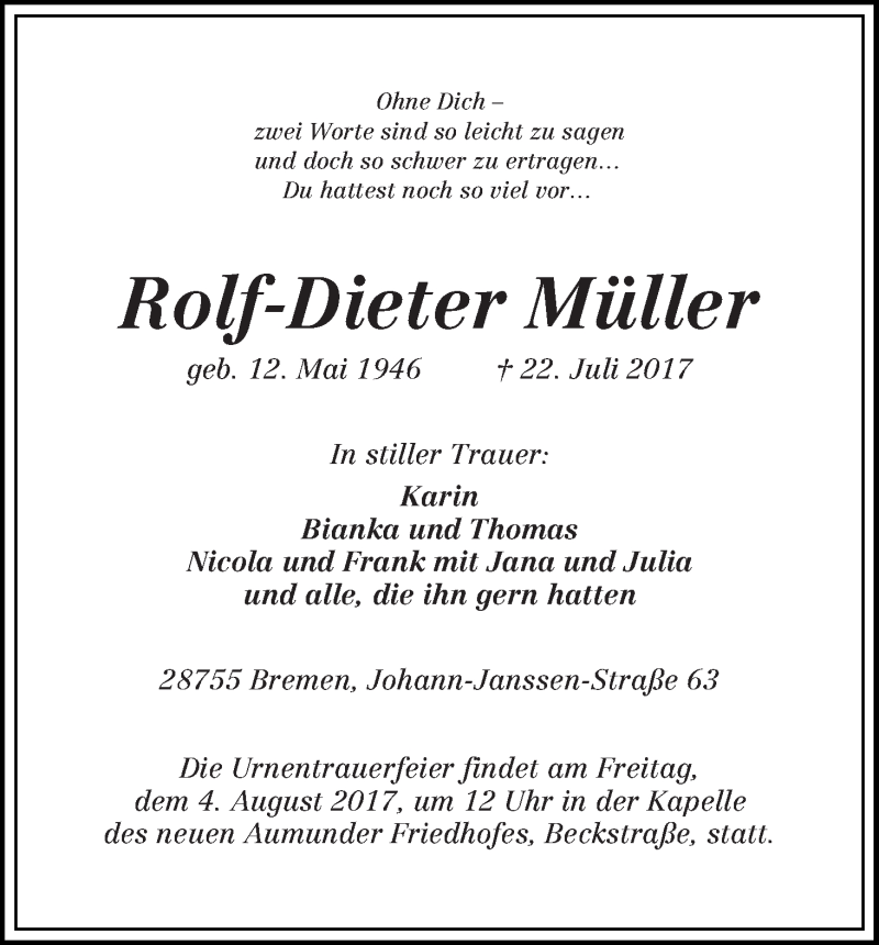 Traueranzeige von Rolf-Dieter Müller von Die Norddeutsche