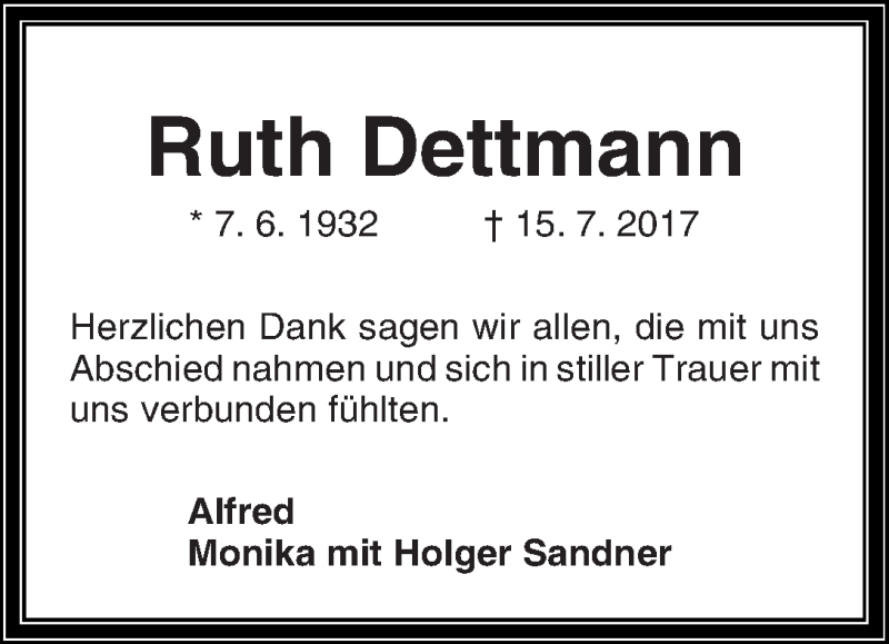 Traueranzeige von Ruth Dettmann von WESER-KURIER