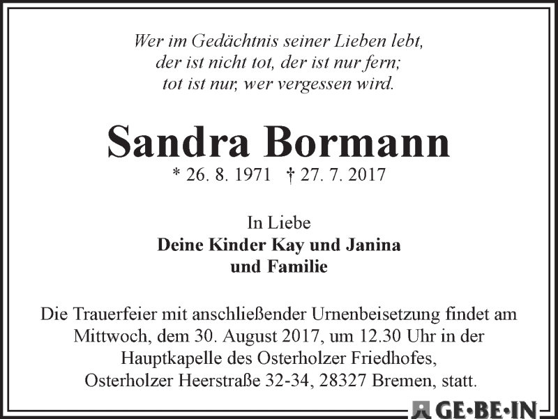 Traueranzeige von Sandra Bormann von WESER-KURIER