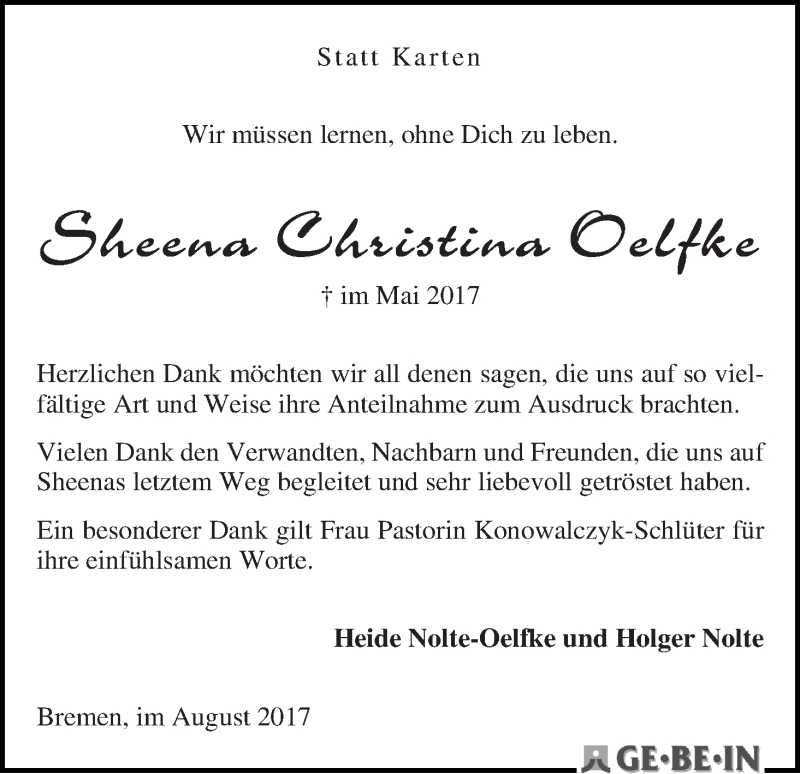 Traueranzeige von Sheena Christina Oelfke von WESER-KURIER