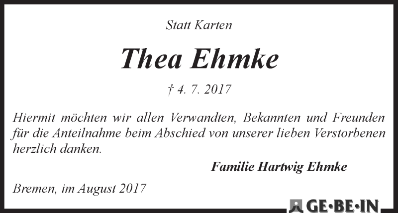 Traueranzeige von Thea Ehmke von WESER-KURIER