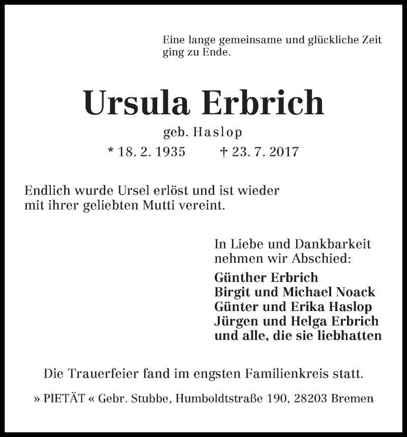 Traueranzeige von Ursula Erbrich von WESER-KURIER