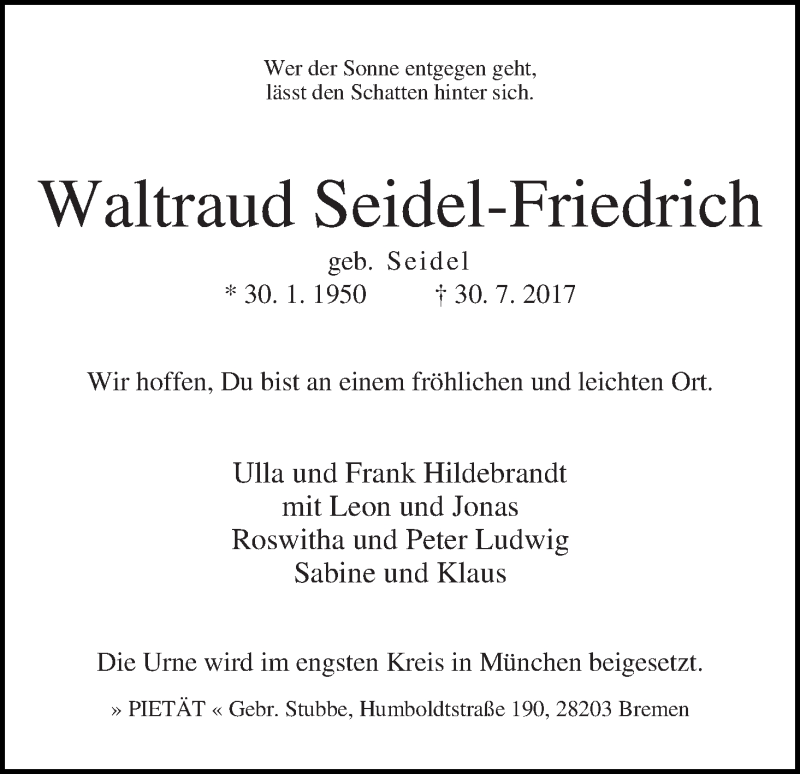 Traueranzeige von Waltraud Seidel-Friedrich von WESER-KURIER