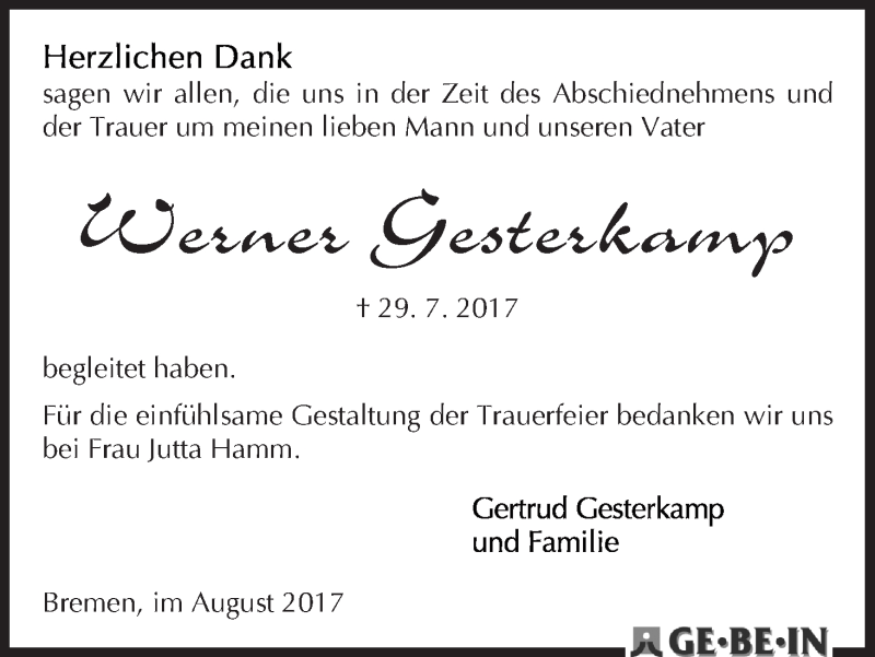 Traueranzeige von Werner Gersterkamp von WESER-KURIER