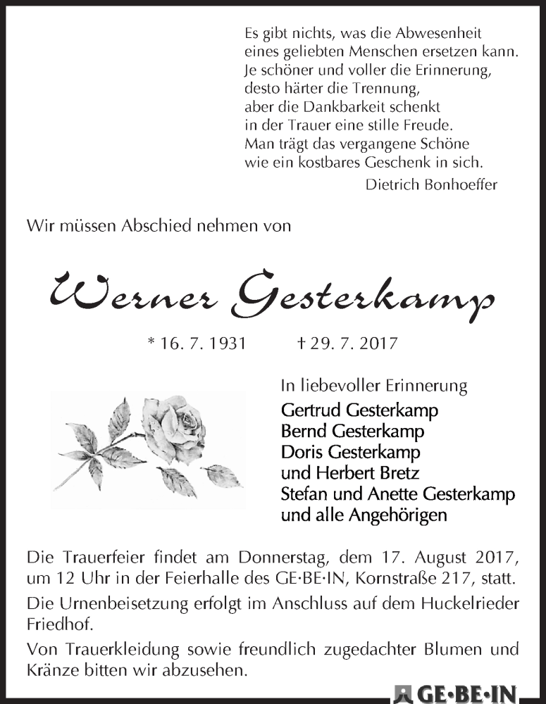 Traueranzeige von Werner Gesterkamp von WESER-KURIER