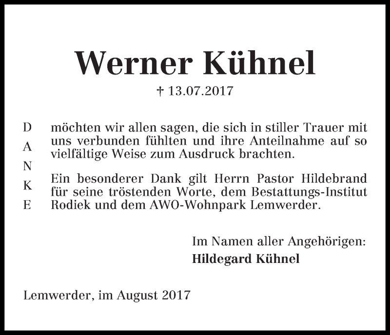 Traueranzeige von Werner Kühnel von Die Norddeutsche