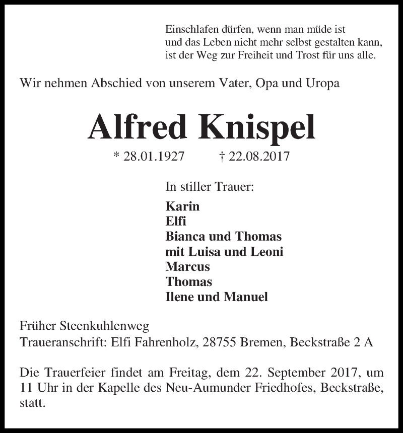 Traueranzeige von Alfred Knispel von Die Norddeutsche