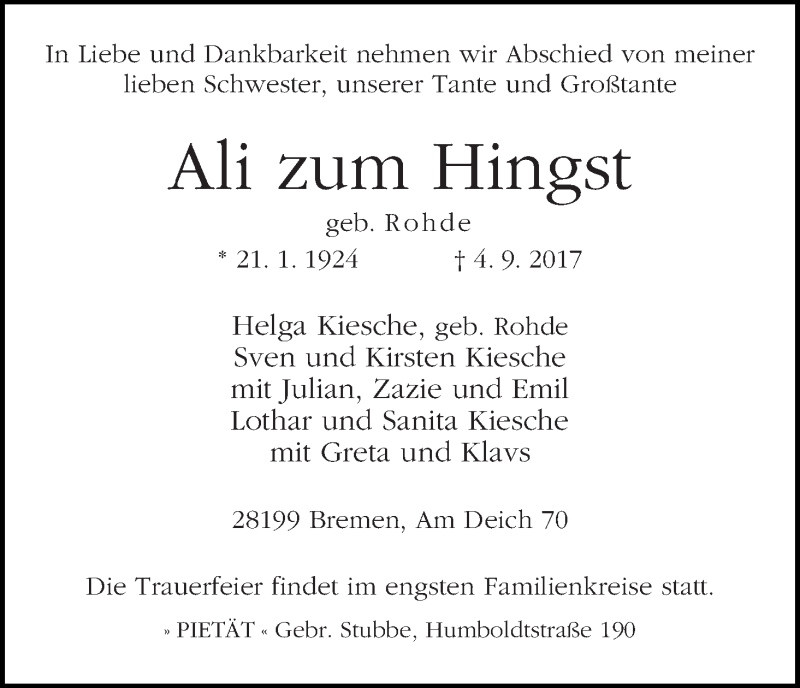 Traueranzeige von Alma (Ali) zum Hingst von WESER-KURIER