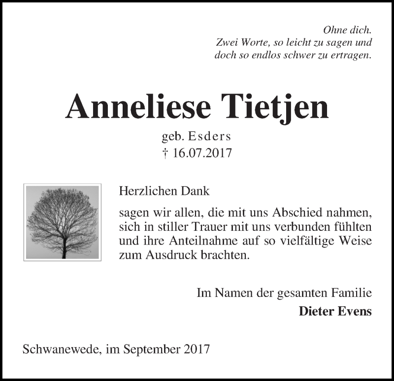 Traueranzeige von Anneliese Tietjen von Die Norddeutsche
