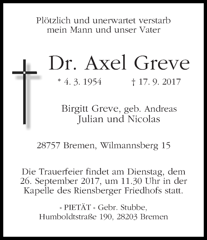 Traueranzeige von Axel Greve von WESER-KURIER
