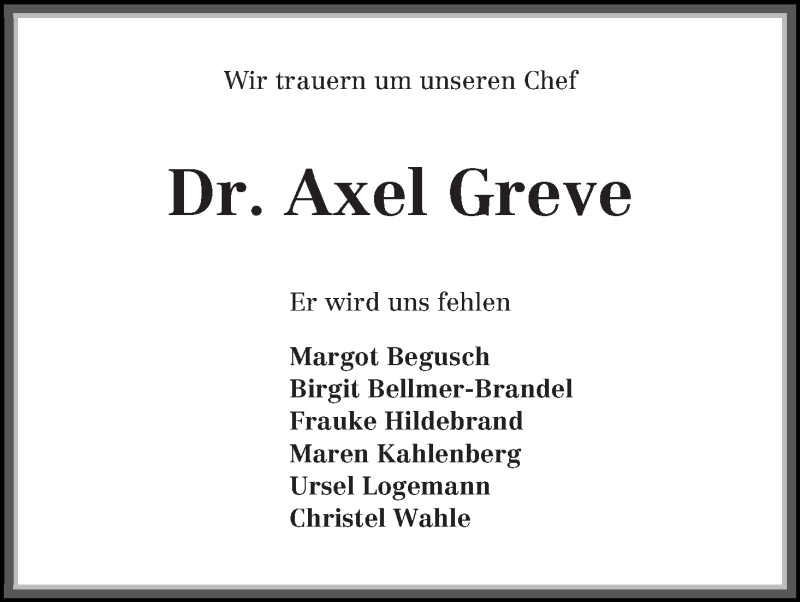 Traueranzeige von Axel Greve von Die Norddeutsche