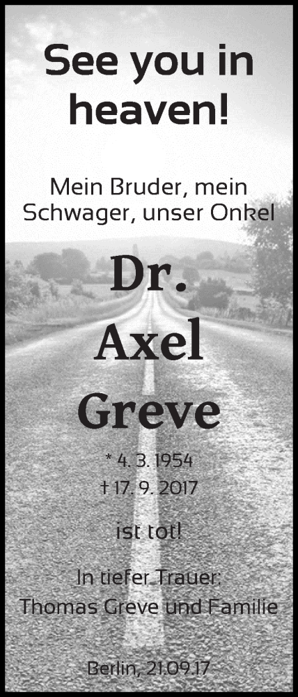 Traueranzeige von Axel Greve von Die Norddeutsche