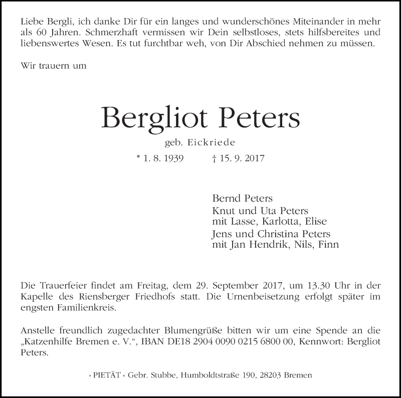 Traueranzeige von Bergliot Peters von WESER-KURIER