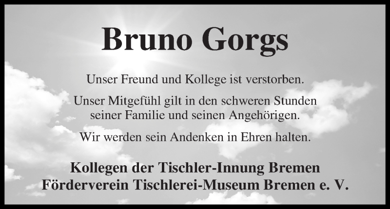 Traueranzeige von Bruno Gorgs von WESER-KURIER