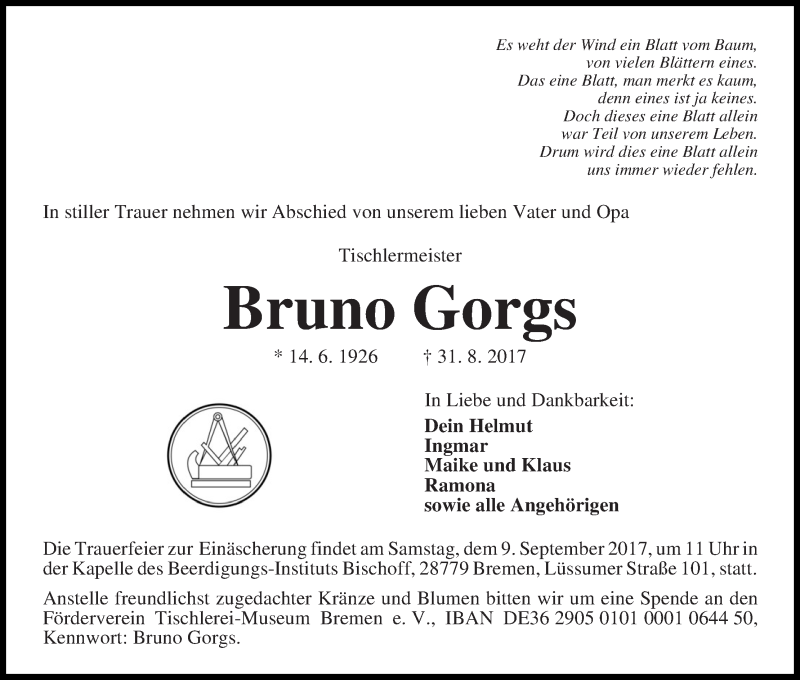Traueranzeige von Bruno Gorgs von WESER-KURIER