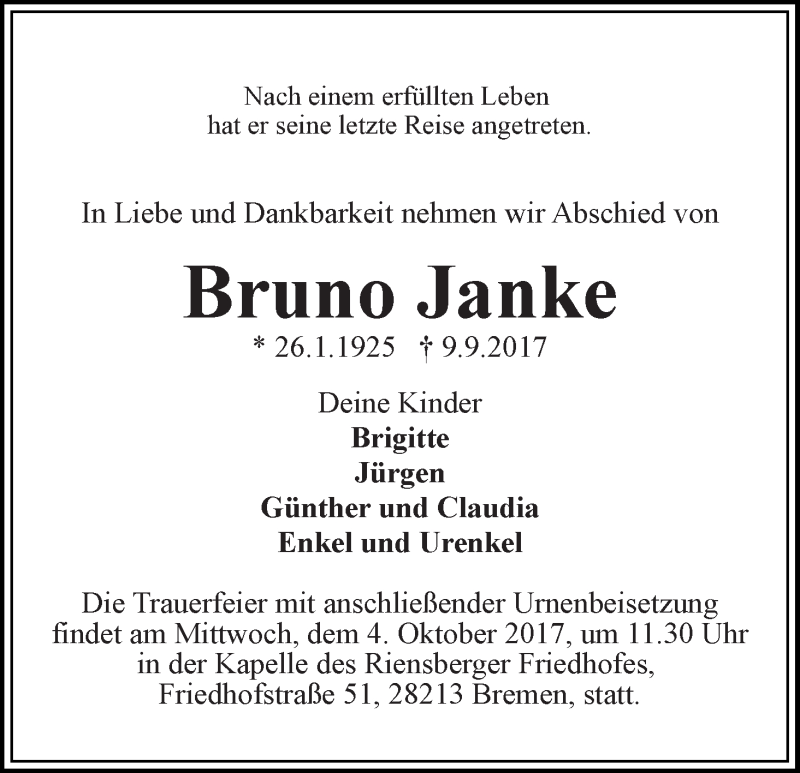 Traueranzeige von Bruno Janke von WESER-KURIER