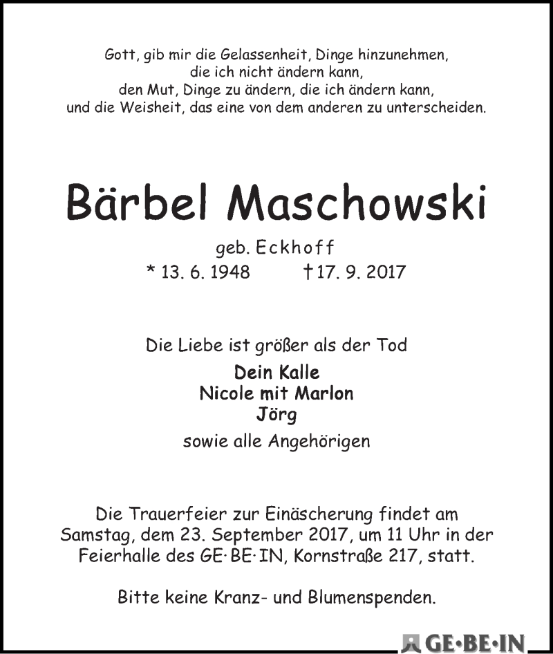 Traueranzeige von Bärbel Maschowski von WESER-KURIER