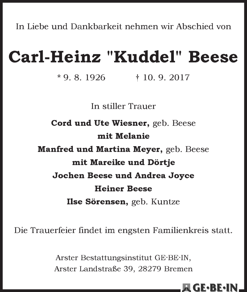 Traueranzeige von Carl-Heinz (Kuddel Beese von WESER-KURIER