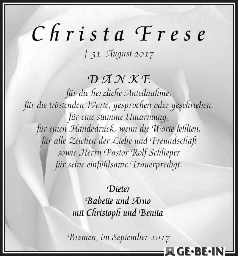 Traueranzeige von Christa Frese von WESER-KURIER