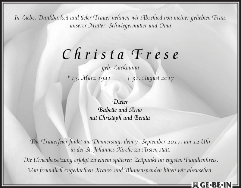 Traueranzeige von Christa Frese von WESER-KURIER