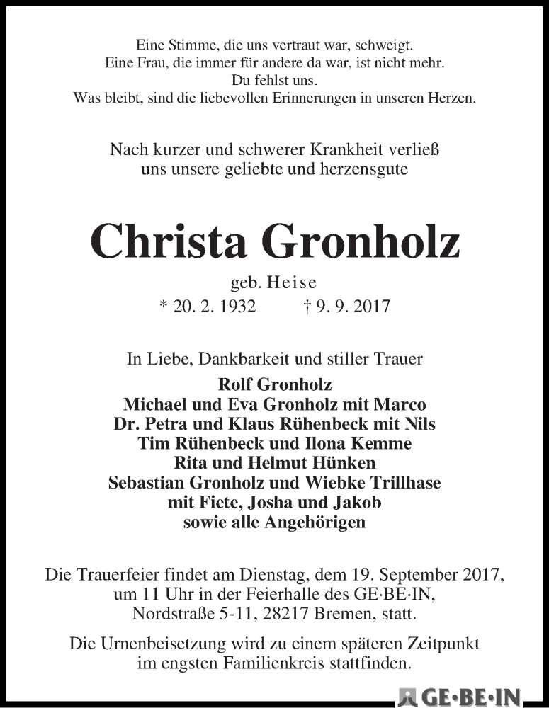 Traueranzeige von Christa Gronholz von WESER-KURIER