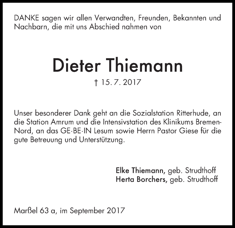 Traueranzeige von Dieter Thiemann von WESER-KURIER