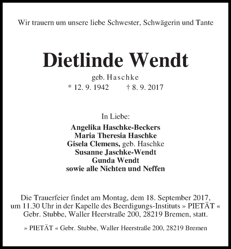 Traueranzeige von Dietlinde Wendt von WESER-KURIER