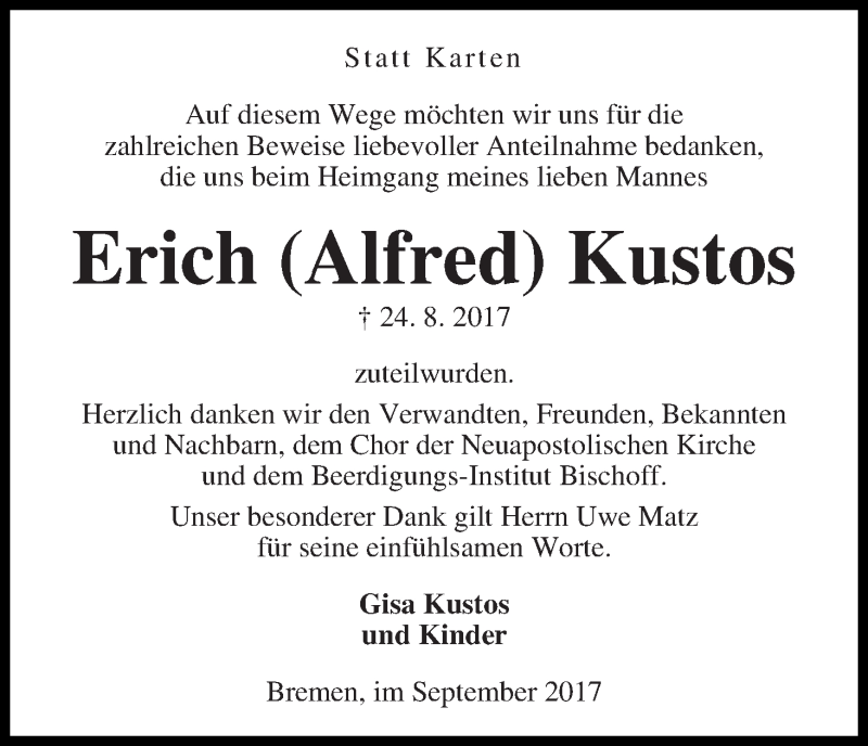 Traueranzeige von Erich (Alfred) Kustos von Die Norddeutsche