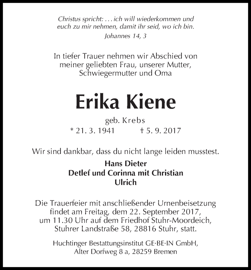 Traueranzeige von Erika Kiene von WESER-KURIER