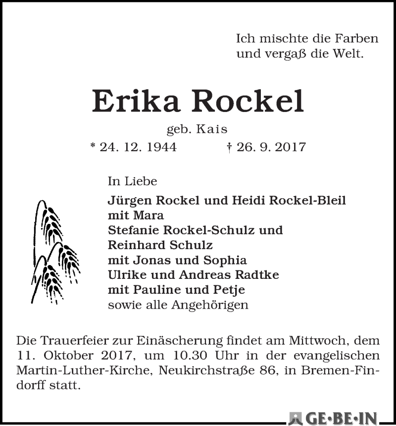 Traueranzeige von Erika Rockel von WESER-KURIER