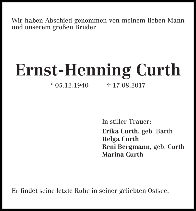Traueranzeige von Ernst-Henning Curth von Die Norddeutsche