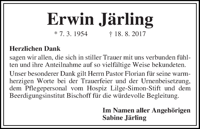 Traueranzeige von Erwin Järling von Die Norddeutsche