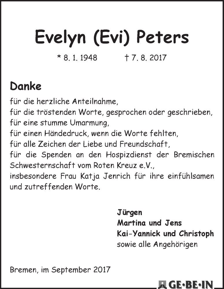 Traueranzeige von Evelyn (Evi) Peters von WESER-KURIER
