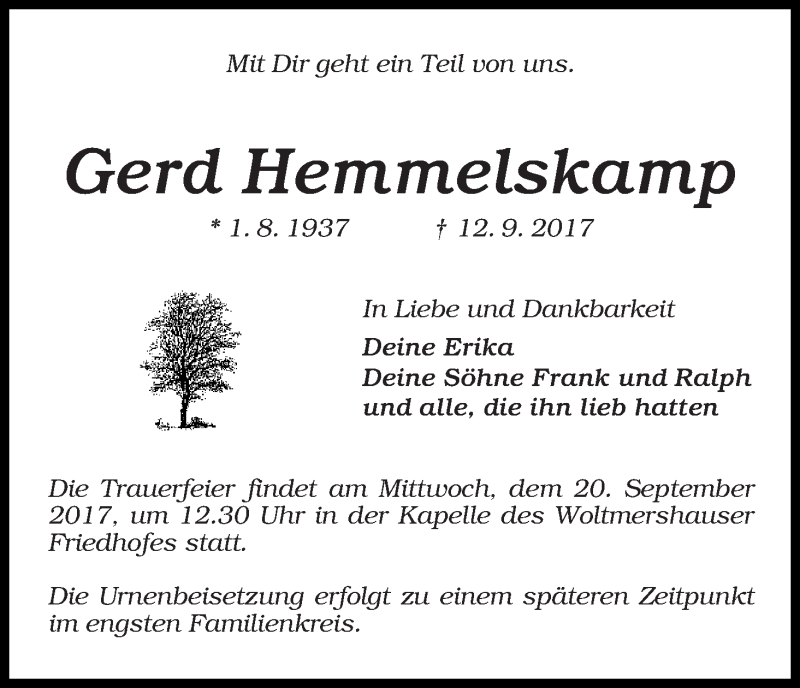 Traueranzeige von Gerd Hemmelskamp von WESER-KURIER