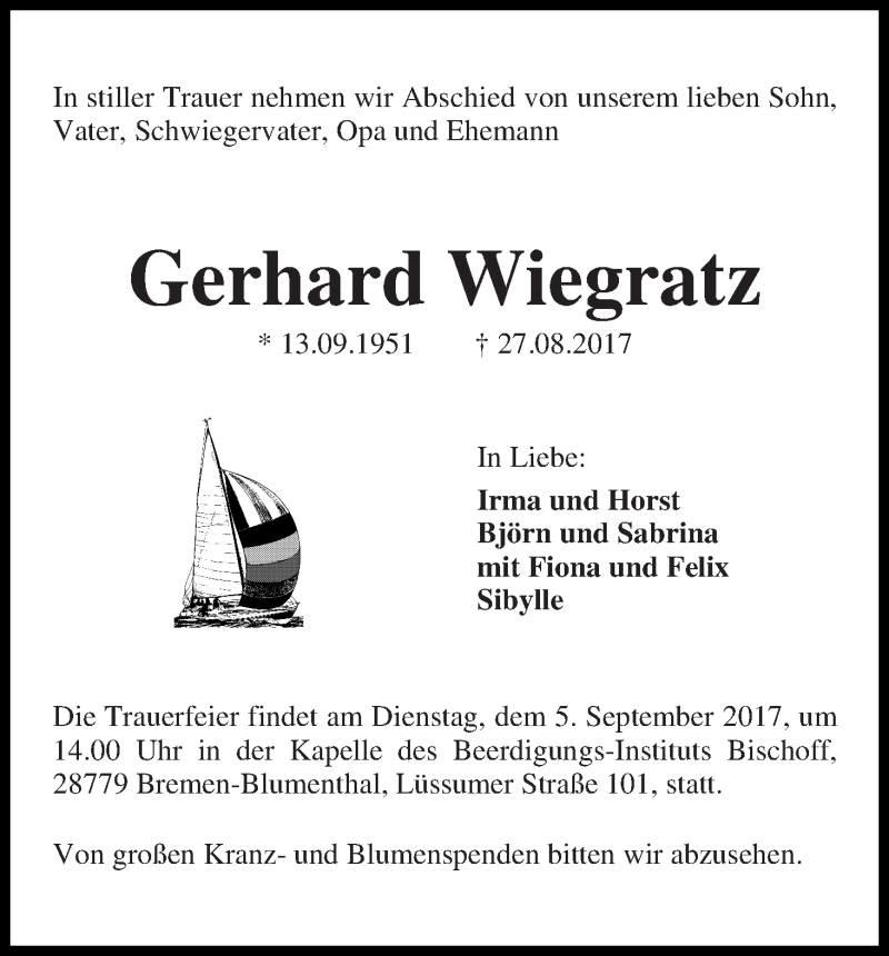Traueranzeige von Gerhard Wiegratz von Die Norddeutsche