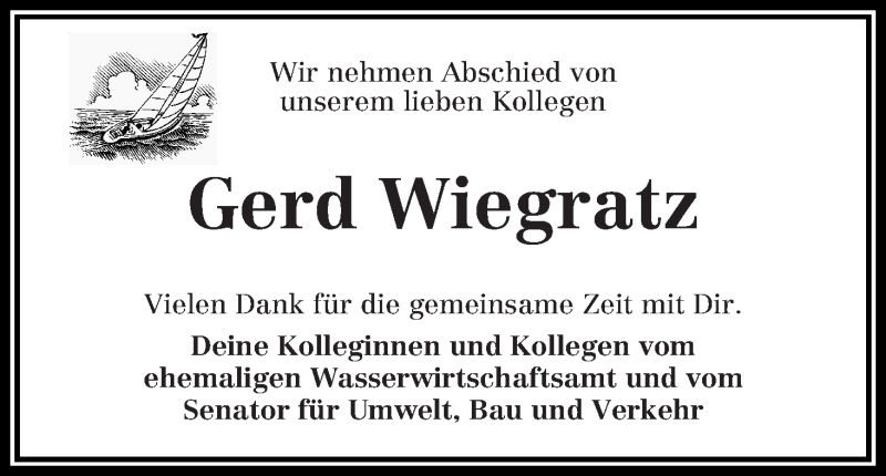 Traueranzeige von Gerhard Wiegratz von WESER-KURIER