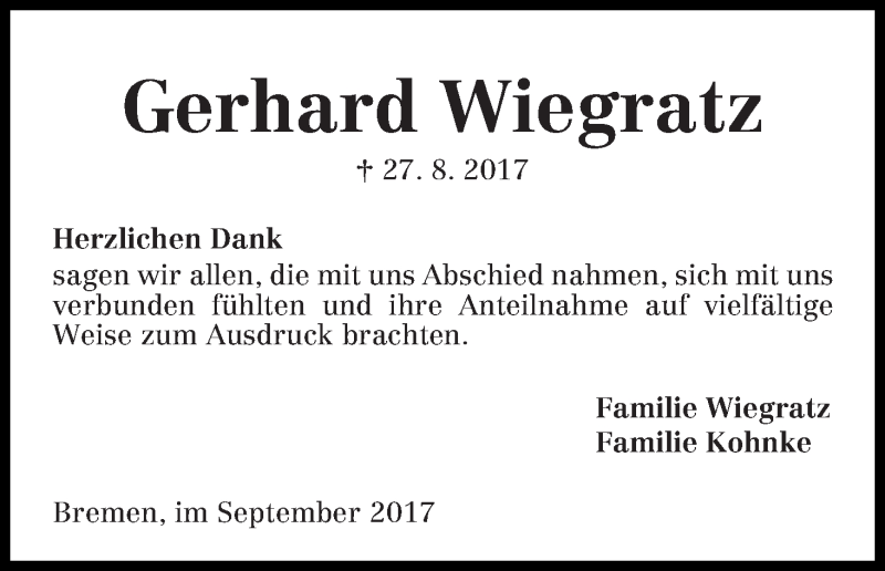 Traueranzeige von Gerhard Wiegratz von Die Norddeutsche